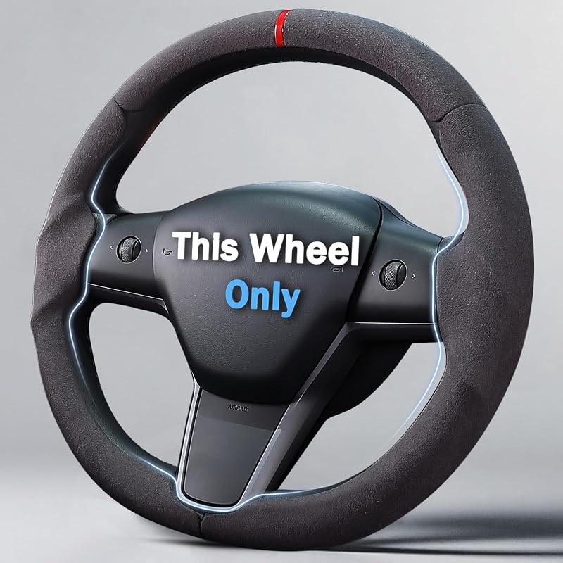 Capa para Volante em Camurça Aotoyou para Tesla Model 3 2017–2023 e Model Y 2020–2024 Preta com Marca Vermelha TS-SHB-C3BK