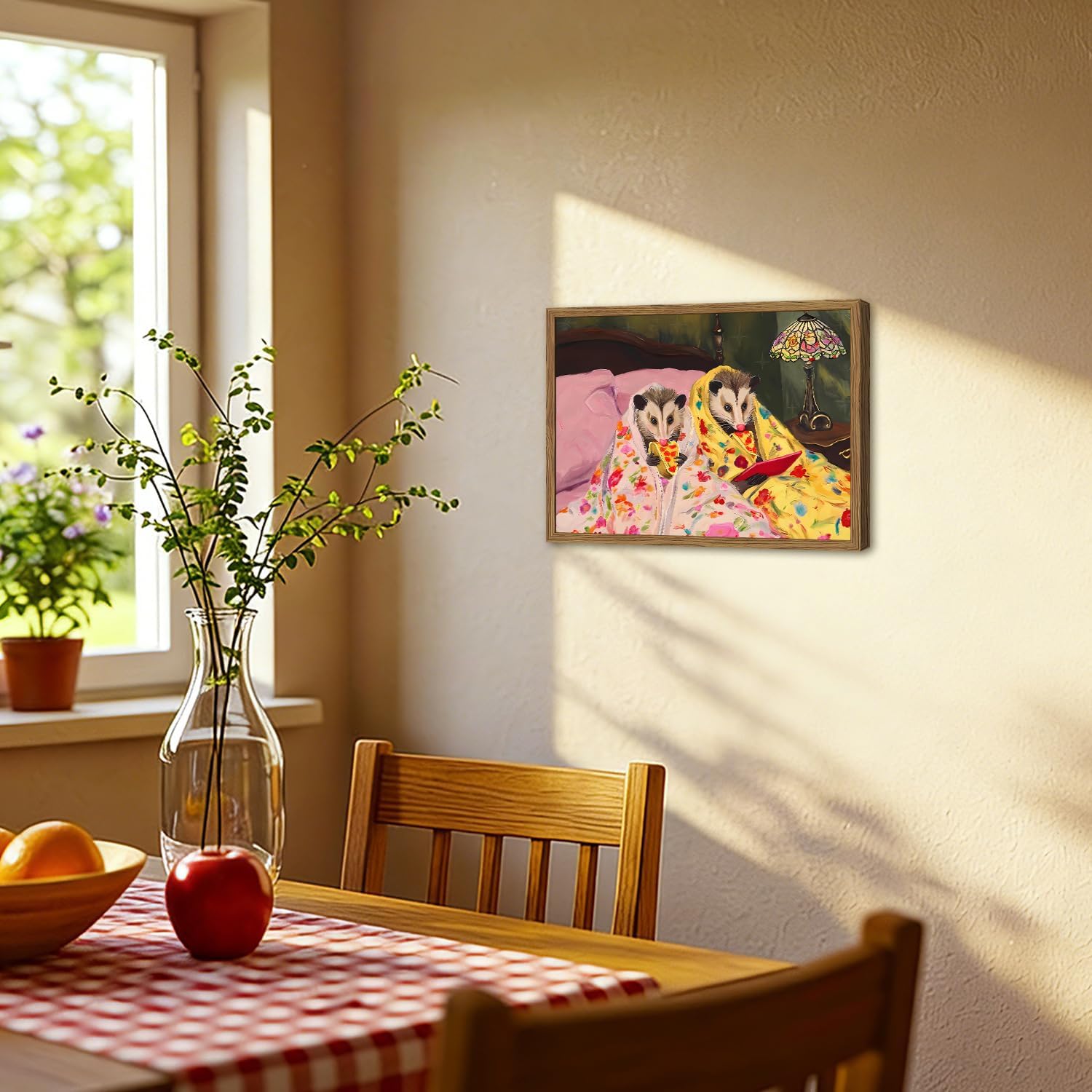 Funny Opossum Wall Art, Whimsical Animal Wall Decor Painting Cute Possum Eating Pizza in Bed Poster Canvas Prints Picture for Bedroom Living Dining Room 12x16 inch Wood Framed