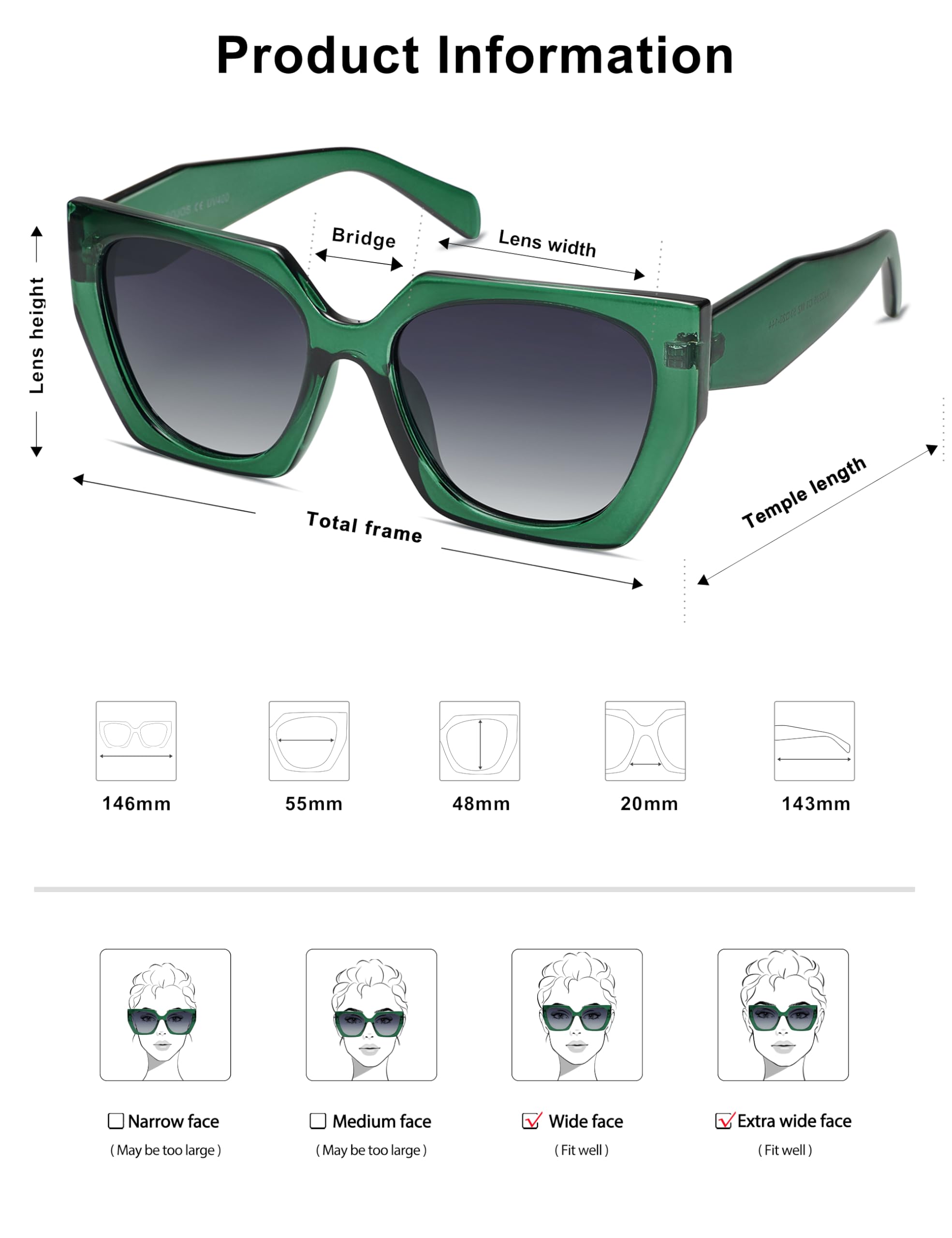 SOJOS Large Oversized Polarized Sunglasses for Women, Big Designer Womens Trendy Square Shades SJ2205: Dark Green/Grey 55 Millimeters