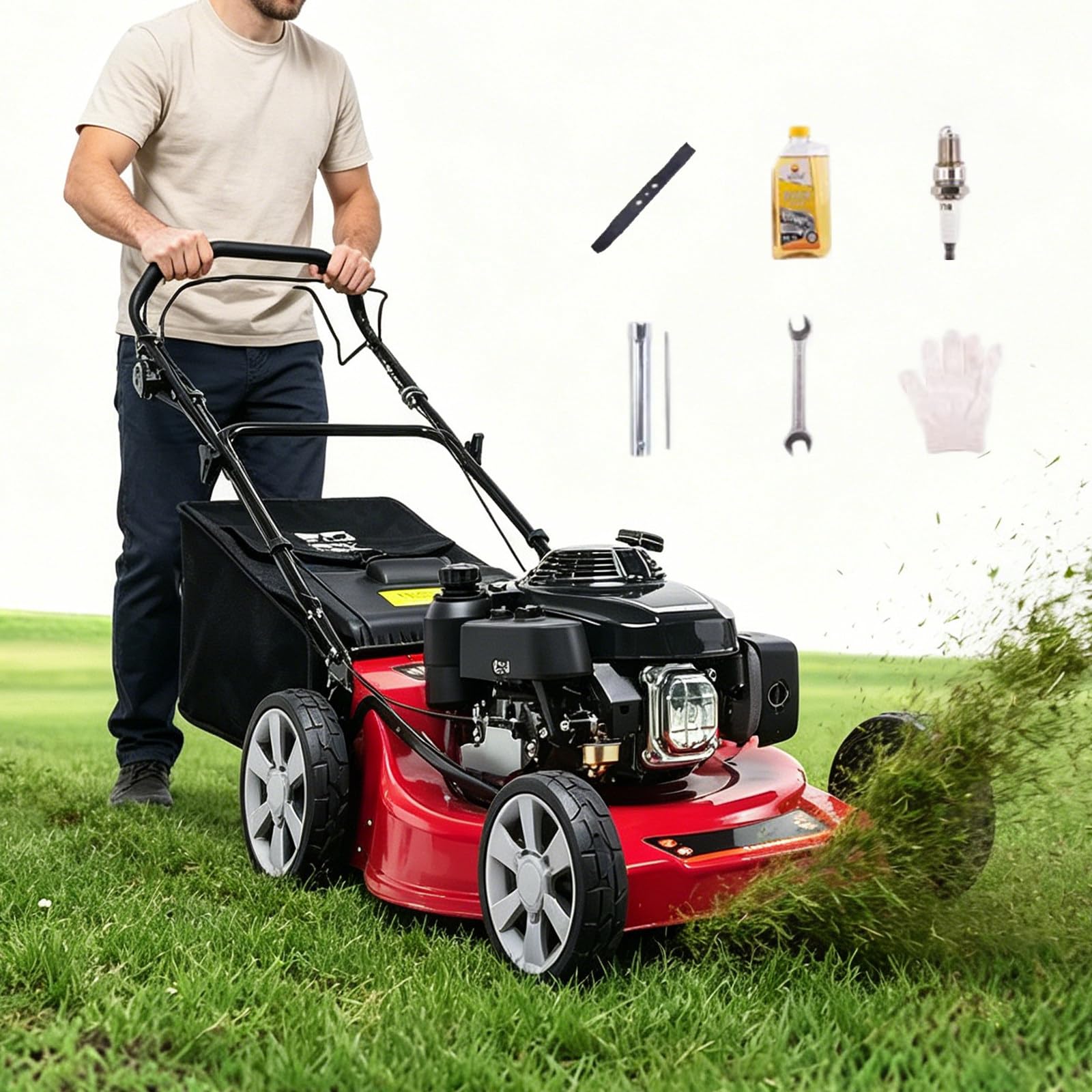 Cortacésped Autopropulsado,Desbrozadora A Gasolina De 18/20",Ajuste De 7 Velocidades,173Cc,4 Tiempos,Ancho De Corte De 46/51Cm,Funciones De Mulching/Bolsa/Descarga Lateral,Para Jardines 18in