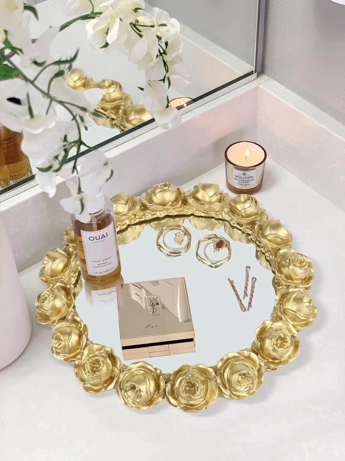 Vixdonos Decorative Round Mirror Tray Bathroom Vanity Tray with Gold Resin Rose for Perfume,Jewelry and Makeup - Image 5