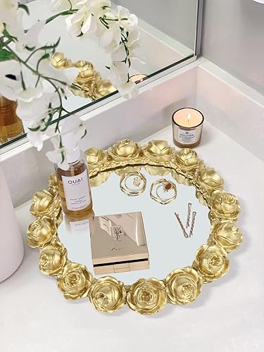 Miniatura 5 de Vixdonos Bandeja decorativa redonda para espejo de baño, bandeja de tocador con resina dorada rosa para perfume, joyería y maquillaje