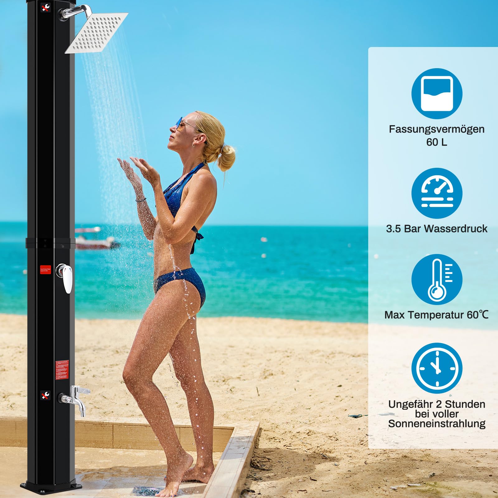 LIFERUN Prysznic solarny, prysznic ogrodowy z głowicą prysznicową 360°, kranem, przyłączem węża ogrodowego i osłoną ochronną, prysznic basenowy, na kemping, ciepła woda, do 60°C, bez przyłącza prądu