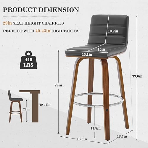 Miniatura 2 de Juego de 3 taburetes de bar giratorios con respaldos, 29 pulgadas de altura, taburete de bar tapizado de piel sintética, respaldo en forma de L y