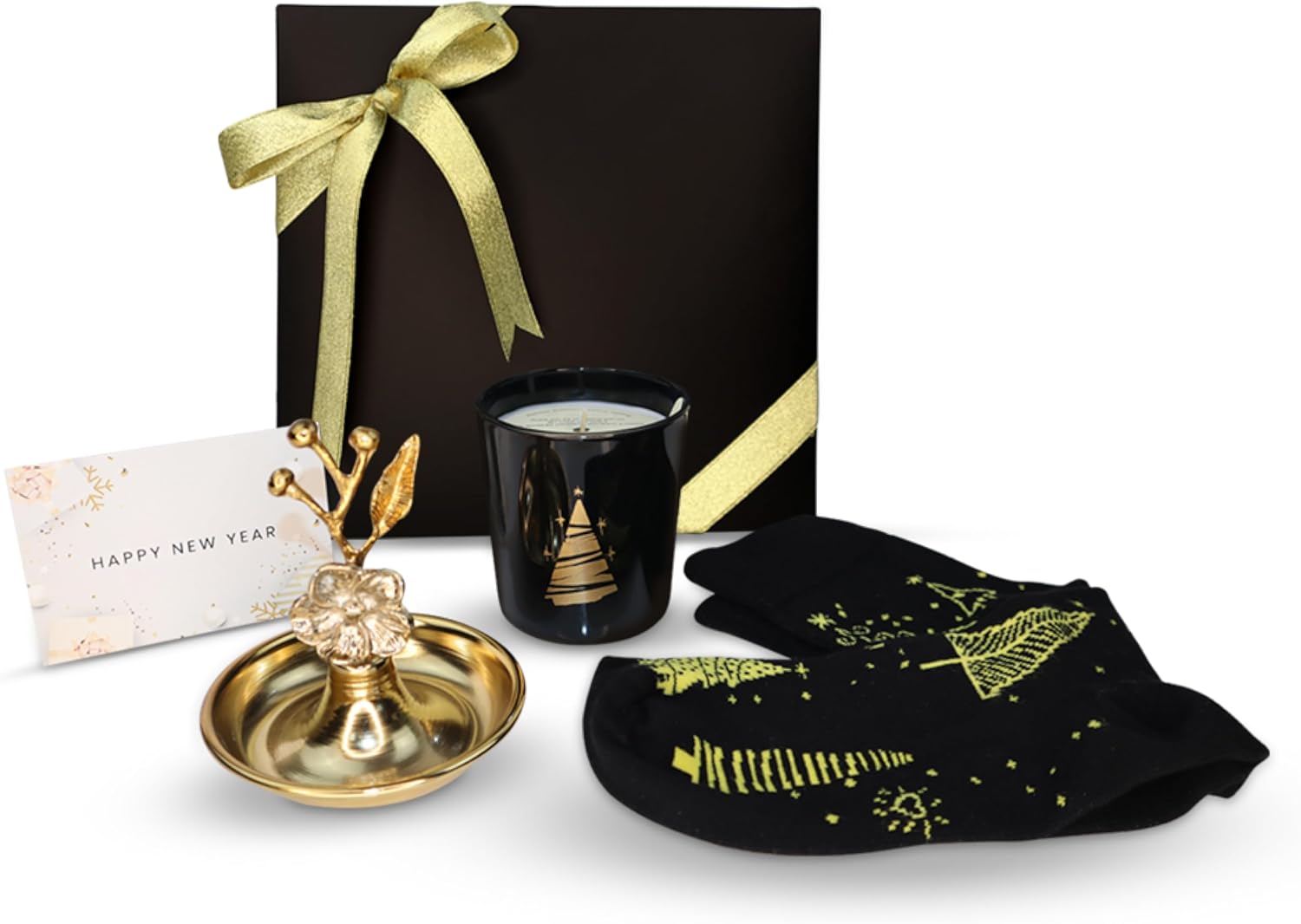 CharmLab Candle – Christmas Gift Set with Pine Tree Candle, Gold Decorative Candy Dish & Christmas Tree Socks in Premium Black Holiday Box – Perfect Holiday Present for Women & Men