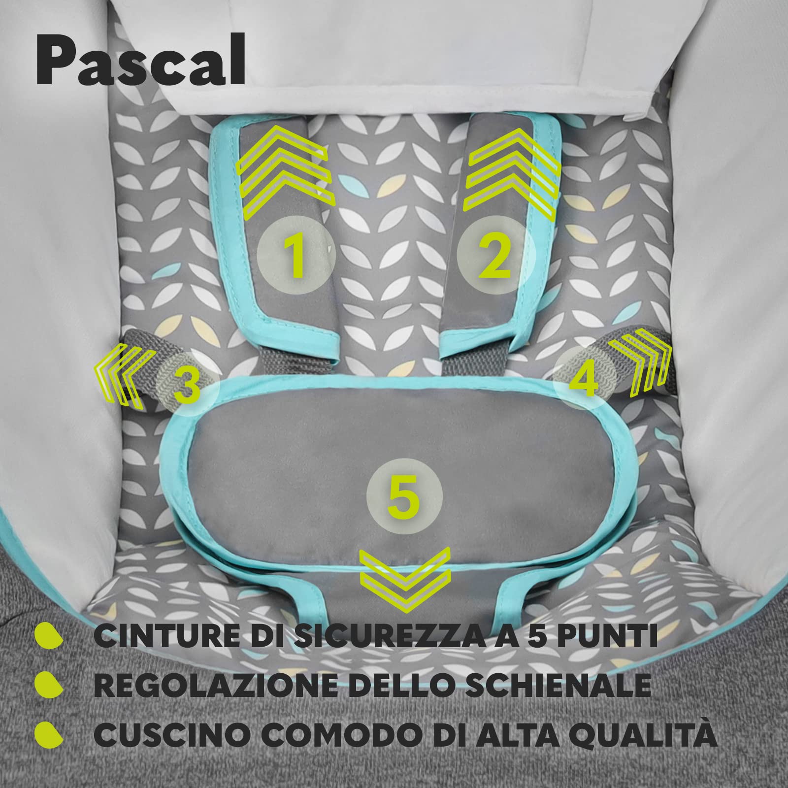 Lionelo Pascal Sdraietta neonati 0-9 kg Dondolo per bambini portatile e pieghevole, Culla 12 Melodie Giocattoli Regolazione dello schienale Vibrazioni Cinture a 5punti Materiale sfoderabile (Grigio)