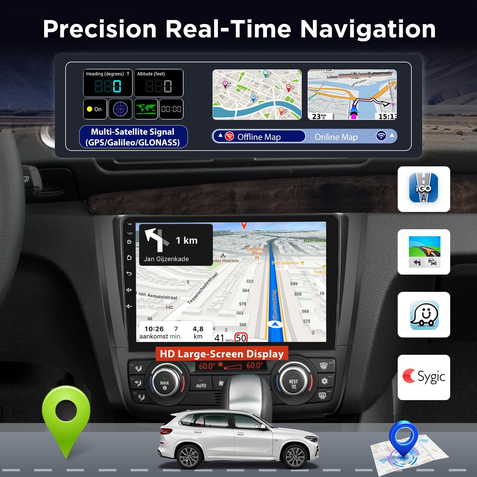 Autoradio Android per BMW Serie 1 E81 E82 E87 E88 2004-2012, Stereo touchscreen 9 pollici 2,5D con CarPlay e Android Auto wireless, Navigazione GPS, WiFi, DSP 32 bande + Telecamera posteriore AHD