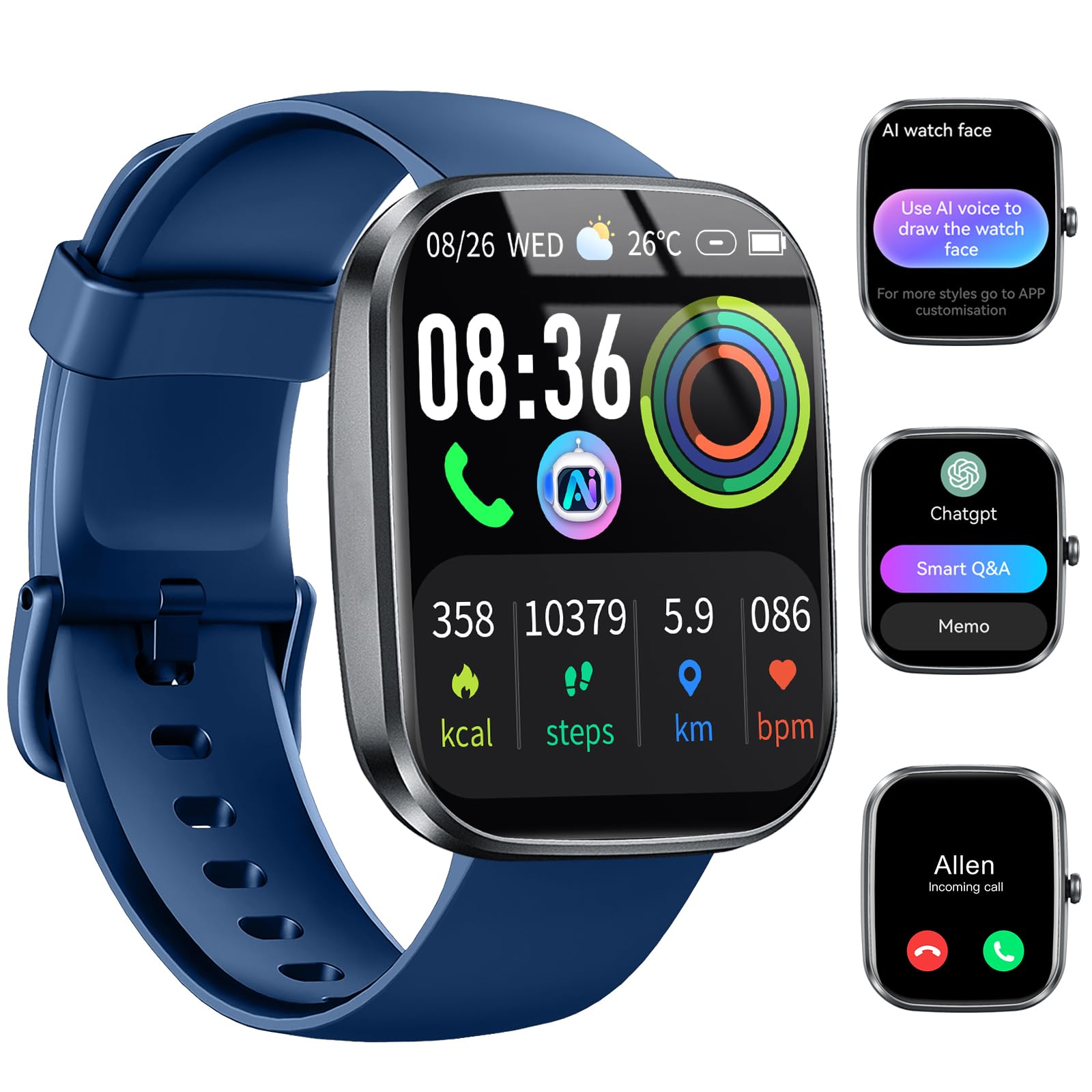 Uaue AI Smartwatch Uomo Donna, 2025 Nuova Fitness Tracker Orologio con Voce AI/Quadrante AI, Chiamate Bluetooth/Cardiofrequenzimetro/Contapassi/Sonno/115+ Sportive, 1.91" Smart Watch Impermeabile IP68