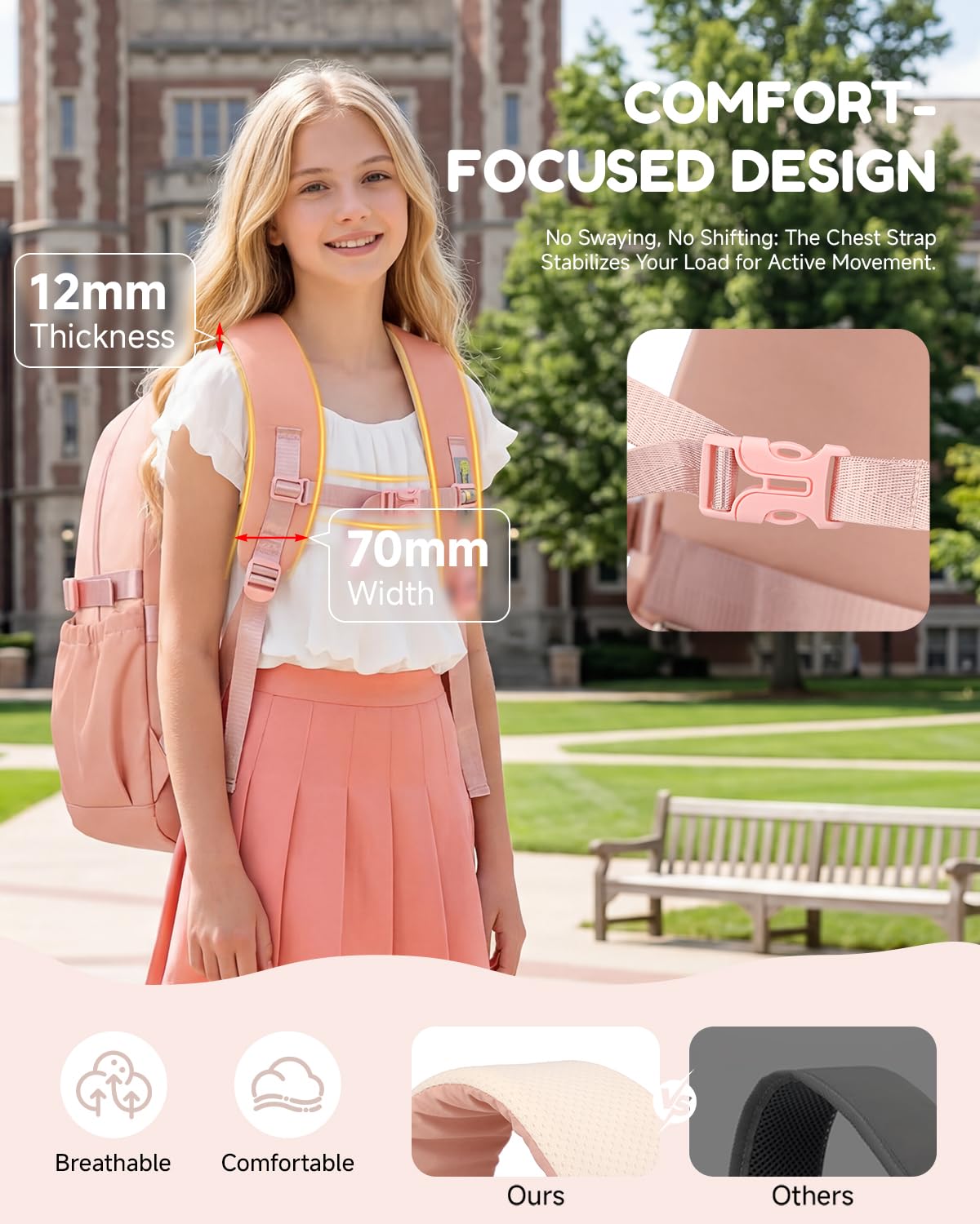 Sac à Dos Fille Adolescent - Cartable Scolaire Imperméable avec Porte-clés étoile - Sac a Dos pour École Primaire College Lycée à la Mode pour PC 15.6", Rose