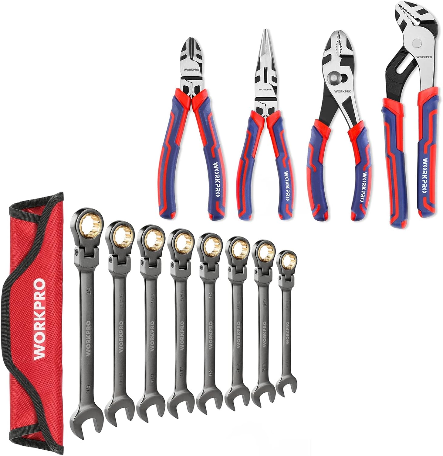 WORKPRO 8piece FlexHead Ratcheting Combination Wrench Set SAE and 4Piece Pliers Set