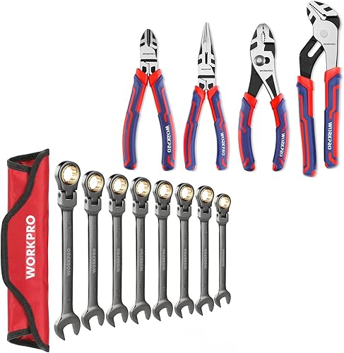 WORKPRO Juego de llaves combinadas de trinquete de cabeza flexible de 8 piezas SAE y juego de alicates de 4 piezas