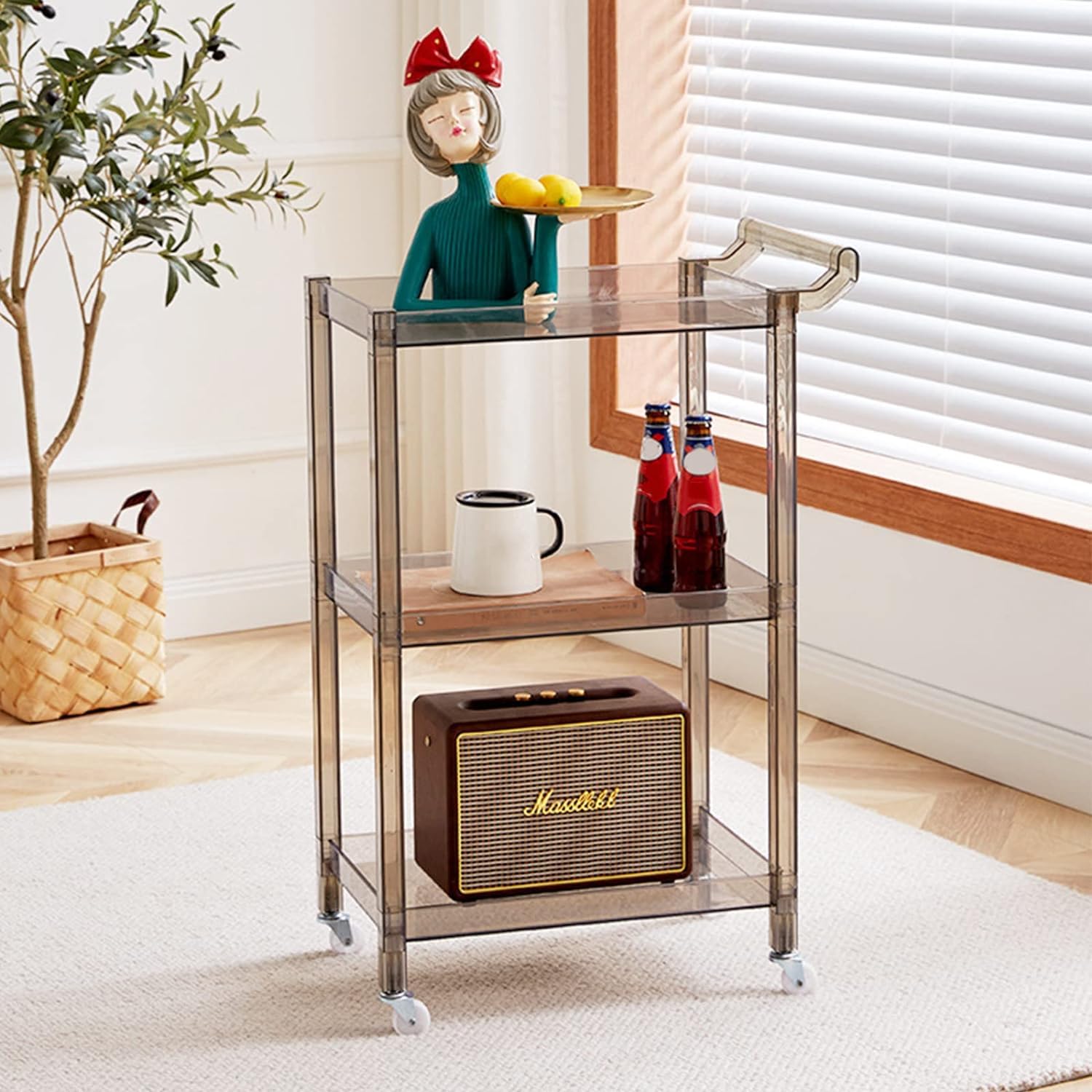 Carrello da bar a 3 ripiani in acrilico, con ruote e maniglia, per cucina, sala da pranzo, soggiorno, multifunzione, mobile per vino, carrello da portata, grigio