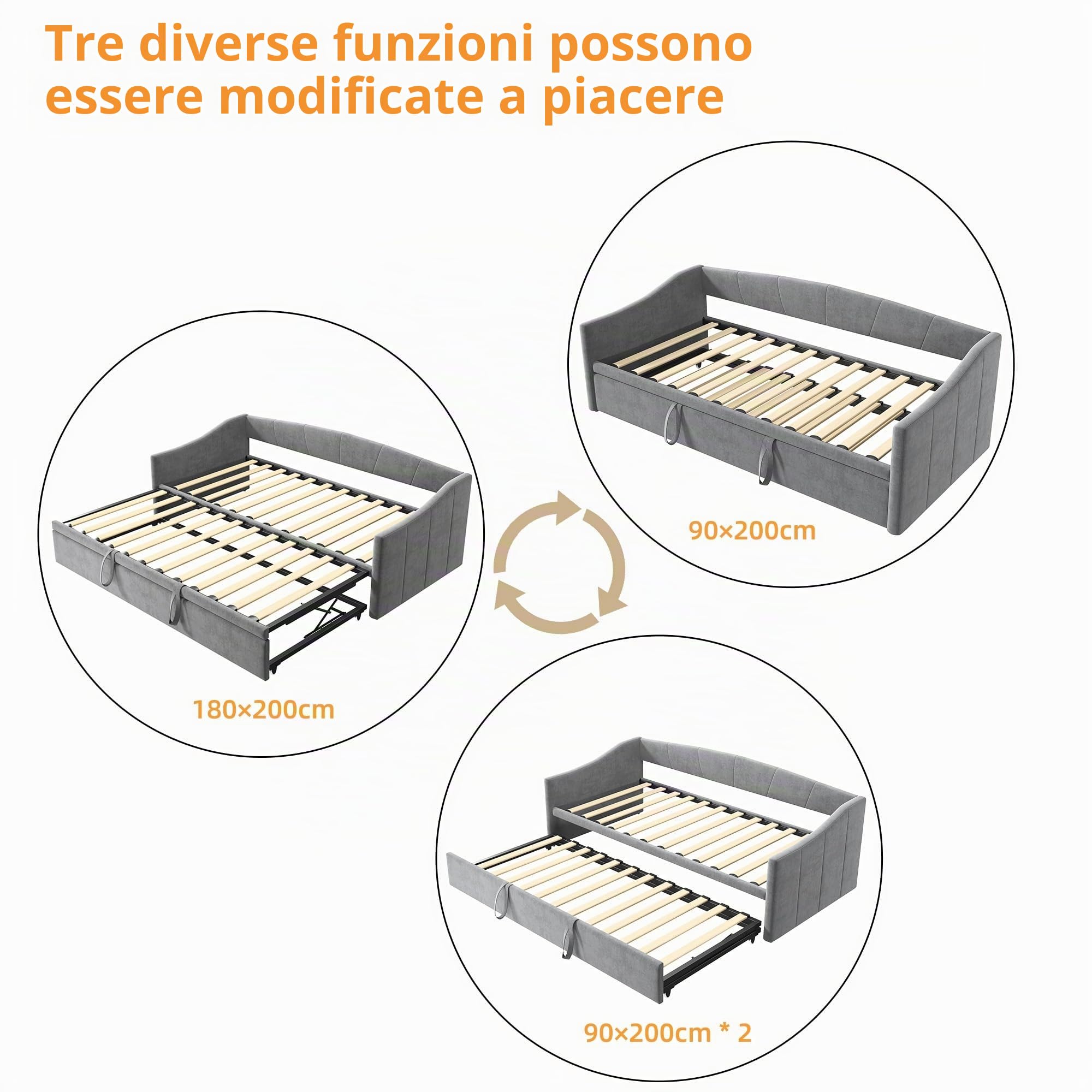 Divano Letto 2 Posti 90/180 x 200 cm, Divano Letto Convertibile, Letto Imbottito con Sommier a Doghe, Divano Letto Estraibile, Rivestimento in Velluto, Grigio (senza Materasso) (Grigio-A)