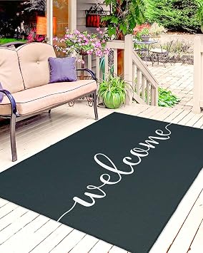 Outdoor Rug 4 x 6, Welcome Large Area Rugs for Patio/RV/Deck/Porch/Indoors, Black Vintage Style Simple Farmhouse Wood Grain Water Absorption Camping Rug Carpet, Lightweight Washable Rug Runners