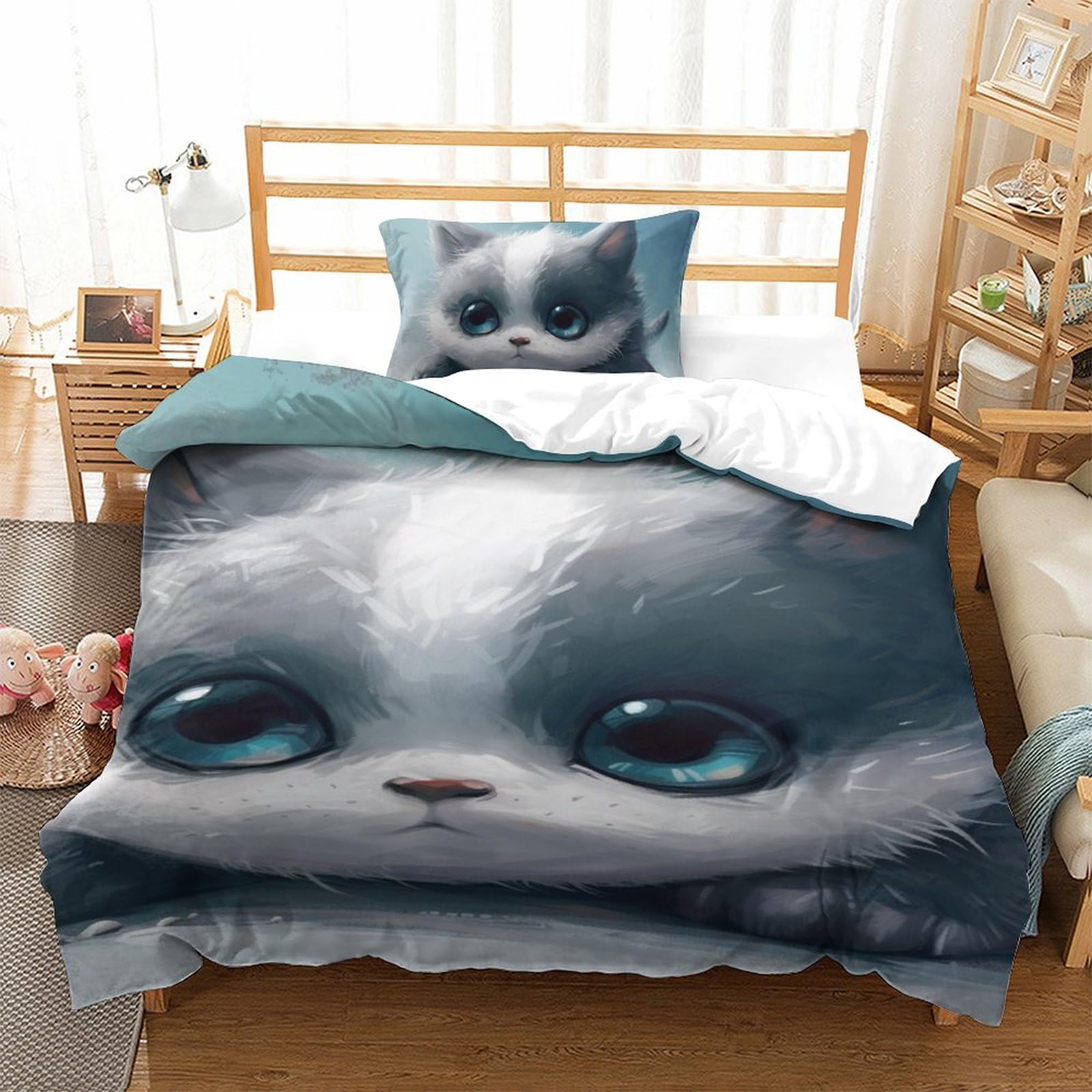 Parure lit simple chat 3D en microfibre premium tissage haute densité avec zip