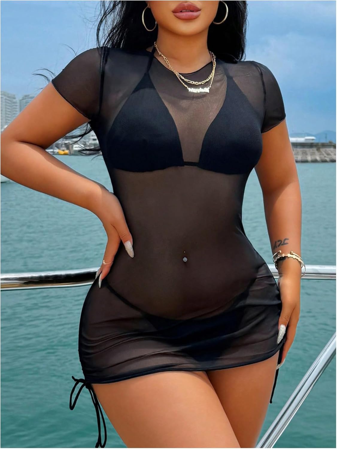 Women's Drawstring Ruched Swimsuit Coverup Short Sleeve Sheer Mesh Beach Dress Bathing Suit Cover Up - Image 3