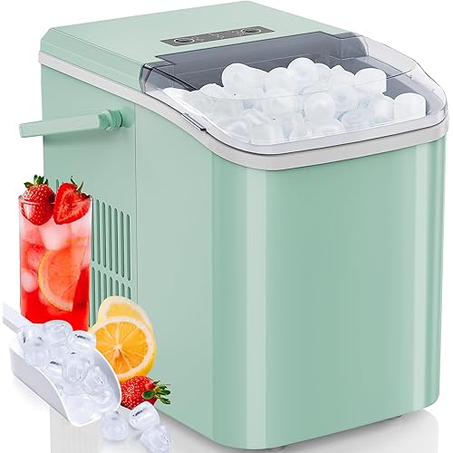 Sweetcrispy Countertop Ice Maker Machine Self-Cleaning, Fast Making 9 Ice Cubes in 6 Minutes, 26.5lbs/24Hrs, 2 Sizes Bullet Ice, Portable Ice Machine with Ice Scoop, Basket and Handle, Green