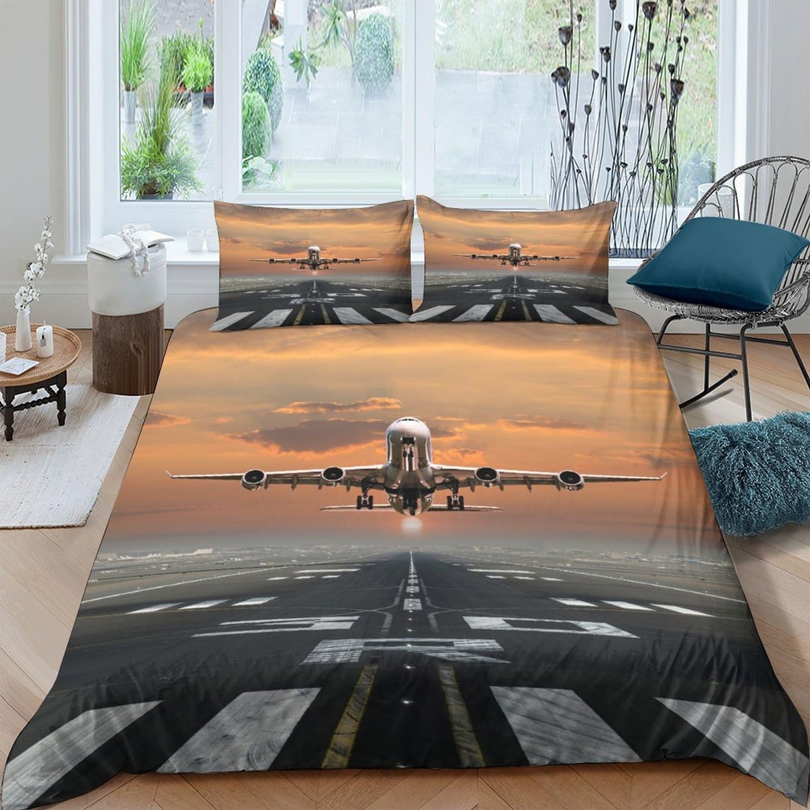 Ctjqhvkz Style-3 3D Printed Airplane Runway Fitted Sheet Microfiber Soft Breathable Sunset Bed Sheet Bedroom Decor Mattress Cover Single（135X200cm）