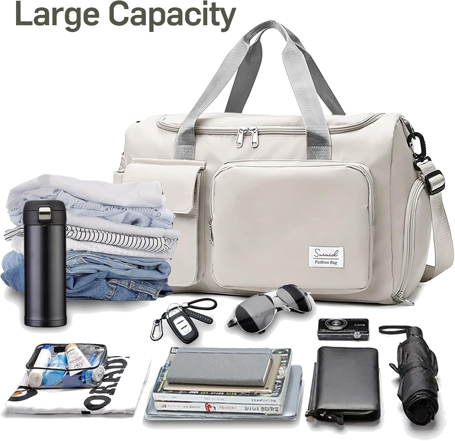 Travel Duffel Bag with Shoes Compartment Sports Gym Bag with Dry Wet Separated Pocket for Men and Women, Overnight Bag Weekender Bag Training Handbag Yoga Bag - White Gray - Image 4