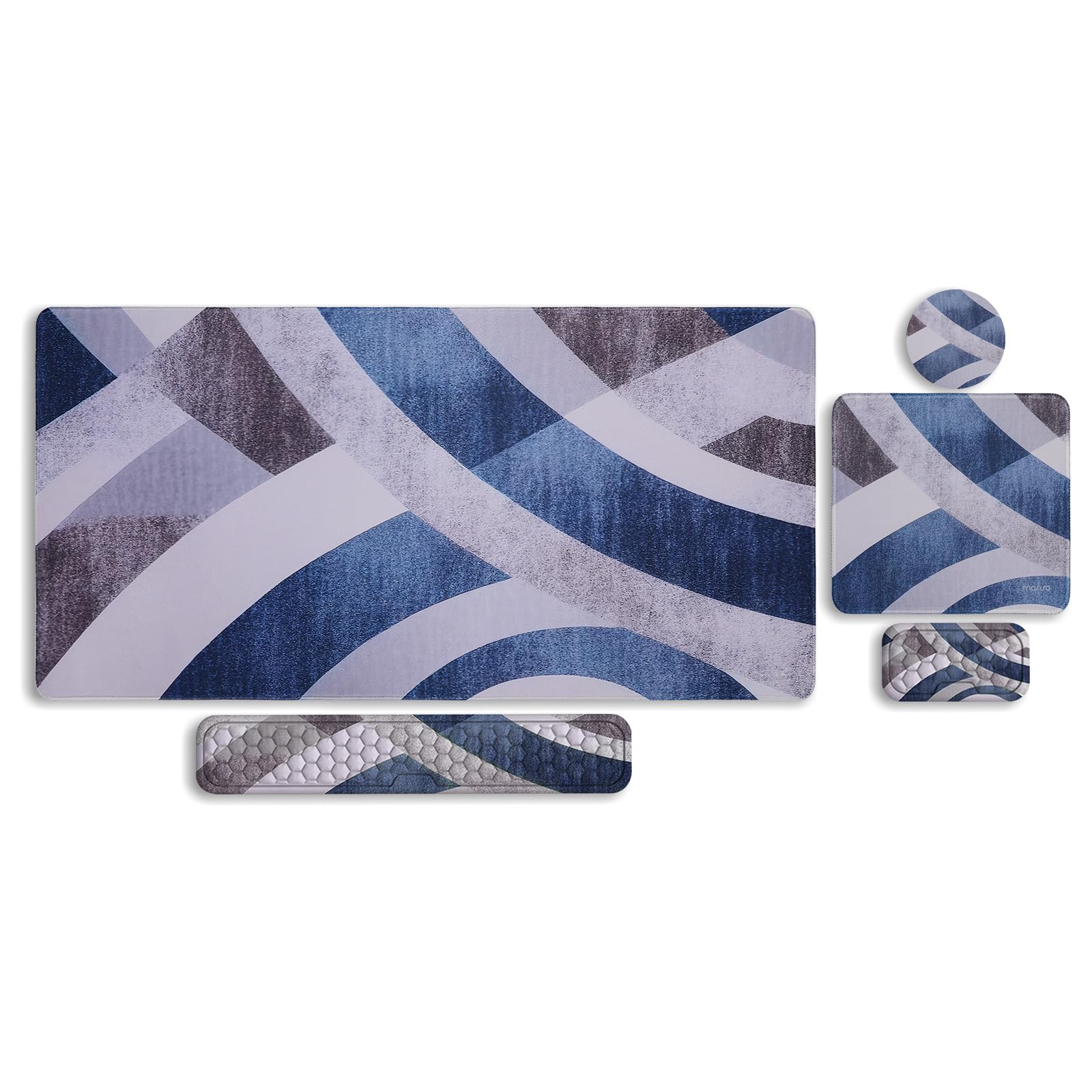 MOSISO Extended Gaming Mouse Pad&Massage Keyboard Wrist Rest&Mousepad&Wrist Rest&Coaster, Nordic Art Curved Stripes Ergonomic Non-Slip Pad Set&Easy Typing Cushion with Memory Foam for Home Office,Blue