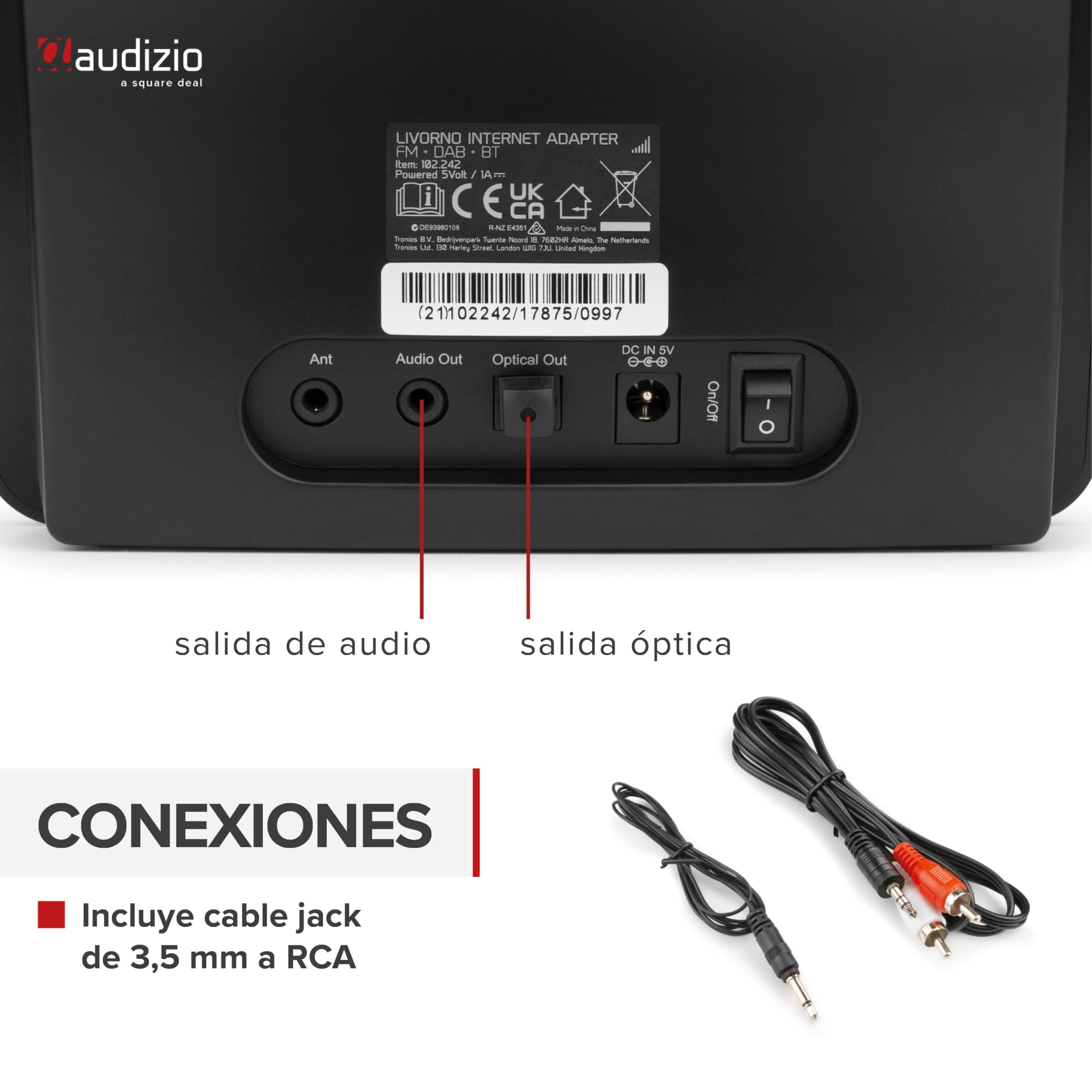 Audizio Livorno Adaptador de Radio por Internet con WiFi, extensión de Radio Dab+, Bluetooth, Mando a Distancia, Pantalla de 2,8", función de Alarma, Salida Óptica, FM, AUX, integración Sistema HiFi