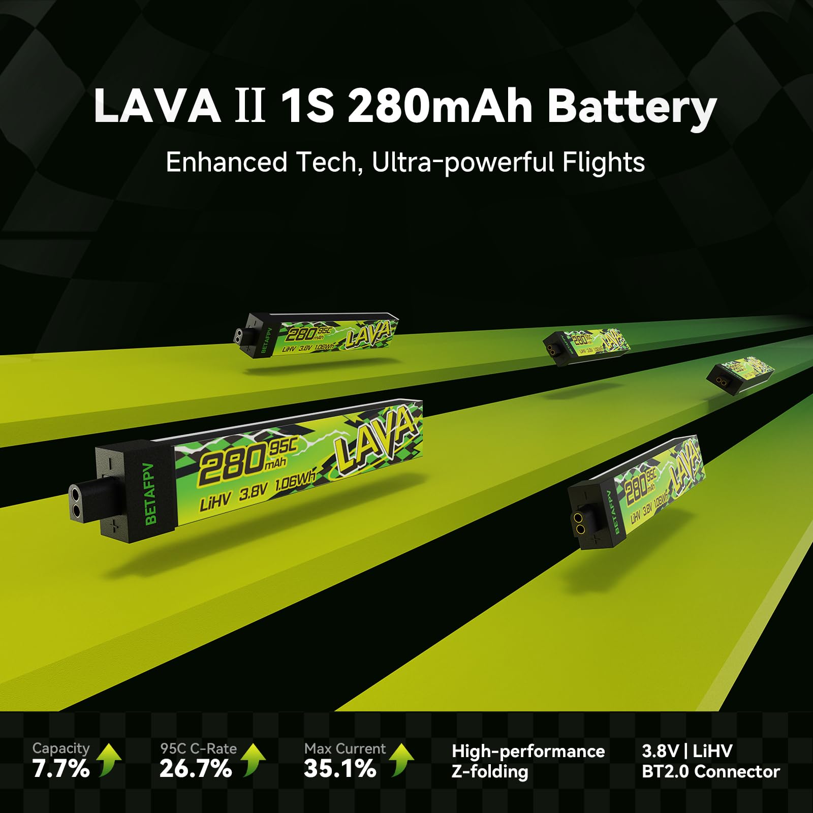 BETAFPV 5pcs LAVA II 1S 280mAh LiHV Battery 3.8V 95C with BT2.0 Connector | Upgraded Z-Folding technology, Compatible with 1S Tiny Whoop Drone Quadcopter like Cetus FPV Kit, Air65, Meteor65 Pro