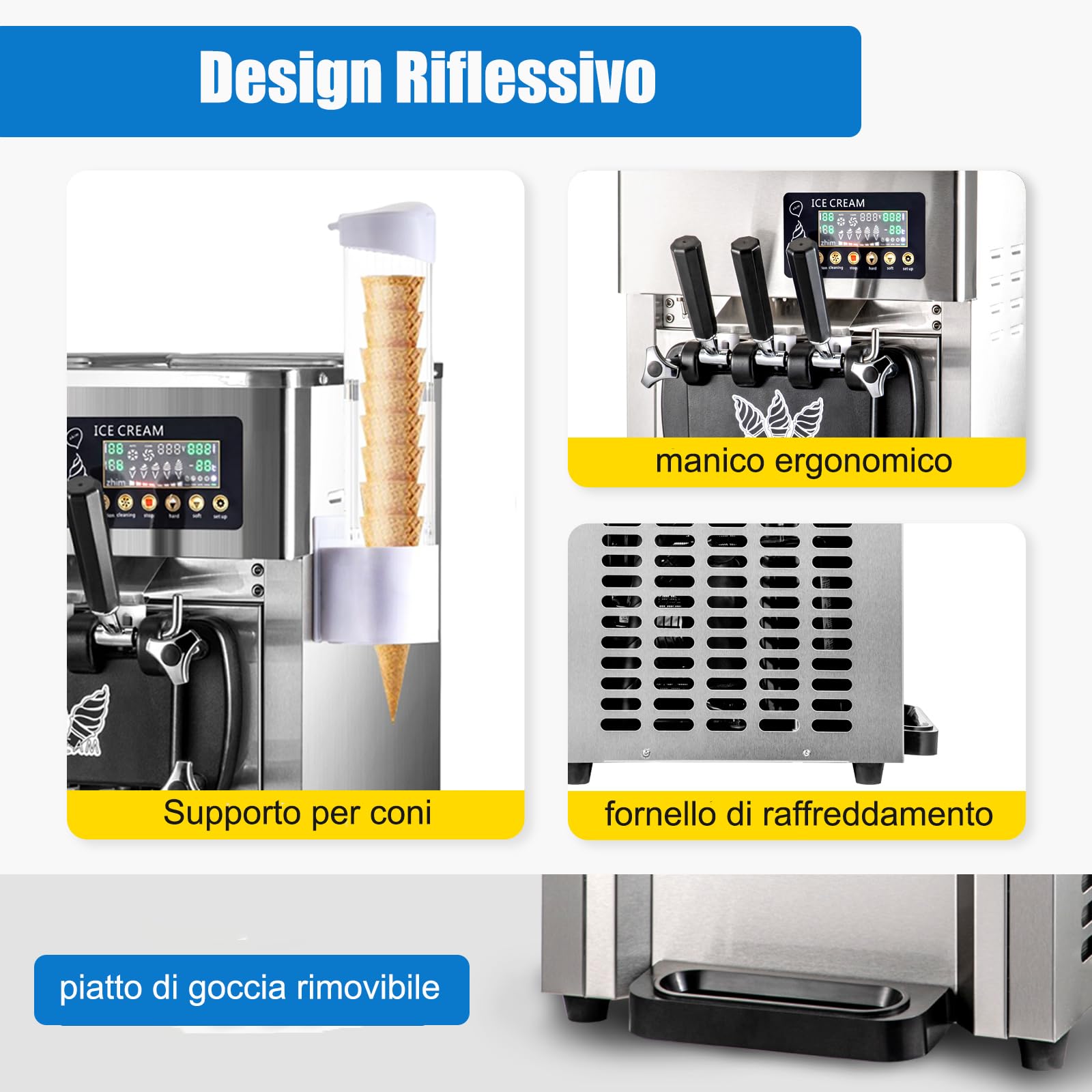 Macchina Gelato Soft, 3 Gusti, 18Litri/H Commerciale Gelatiera Professionale 1200W, Macchina Per Gelato Soft Da Banco Con Pannello LCD Per Bar e Caffetterie