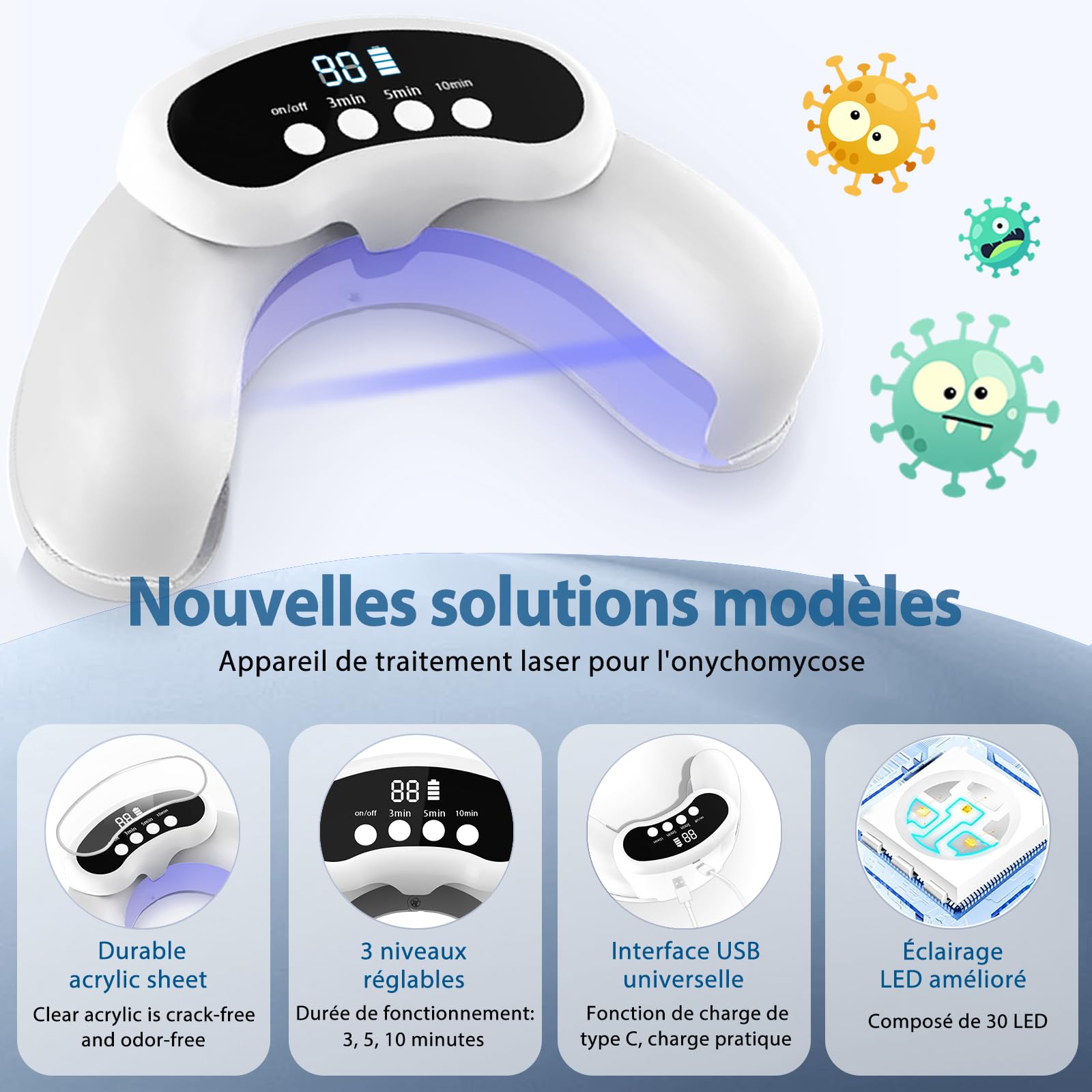Laser Mycose Ongle Pied - Appareil Mycose Ongle Pied avec Laser Ongle à Doubles Longueurs d’Onde et Affichage de l’Heure pour le Traitement d’Appoint de la Mycose Ongles des Pieds, Blanc