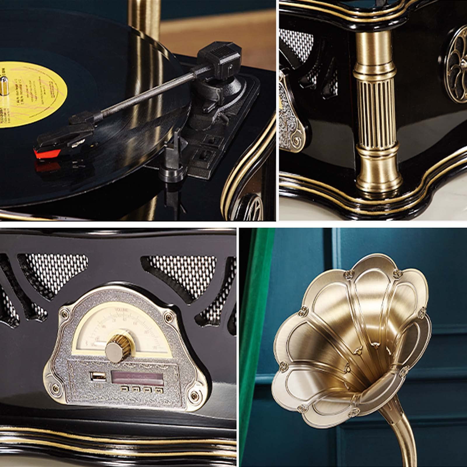 Giradischi Retrò Giradischi, Fonografo Classico In Alluminio, Giradischi In Vinile 33/45/78 Giri/min, Supporto 7"/10"/12"Dischi In Vinile, Clacson In Rame, Telecomando, Ingresso Aux-in/USB/F(Color:B)