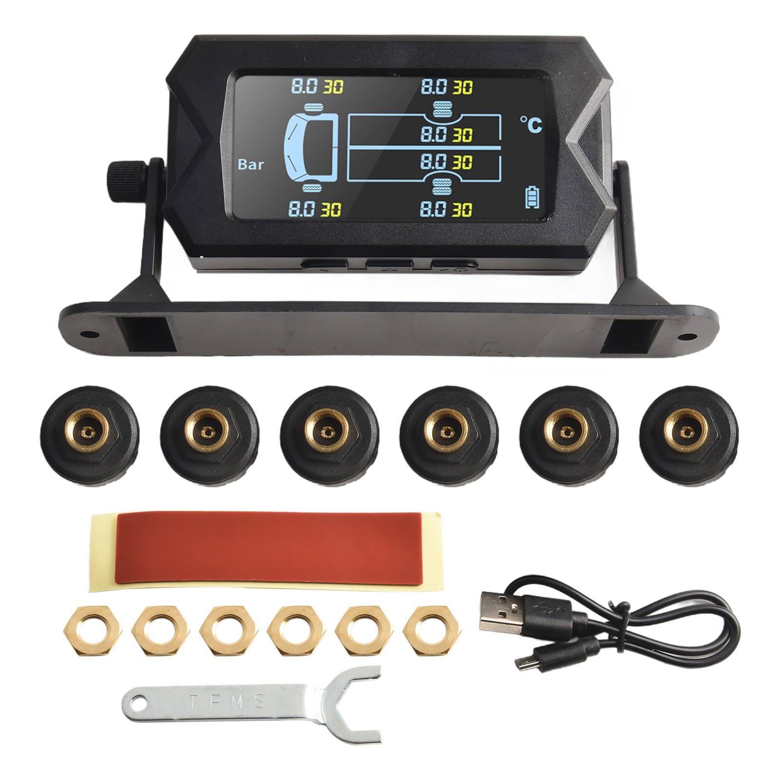 Solarbetriebenes drahtloses TPMS, 6 externe Sensoren Auto für Reifendruck-Monitor mit LCD-Display und audiovisuellem Alarm