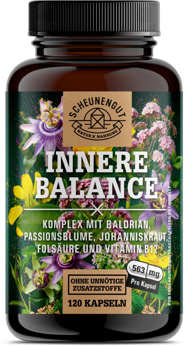 INNERE BALANCE® Passionsblume Johanniskraut Baldrian Hochdosiert -WICHTIG: Laborgeprüfter Markenkomplex mit Hypericin, Hyperforin, Folsäure +Vitamin B12 120 Kapseln DE SCHEUNENGUT®