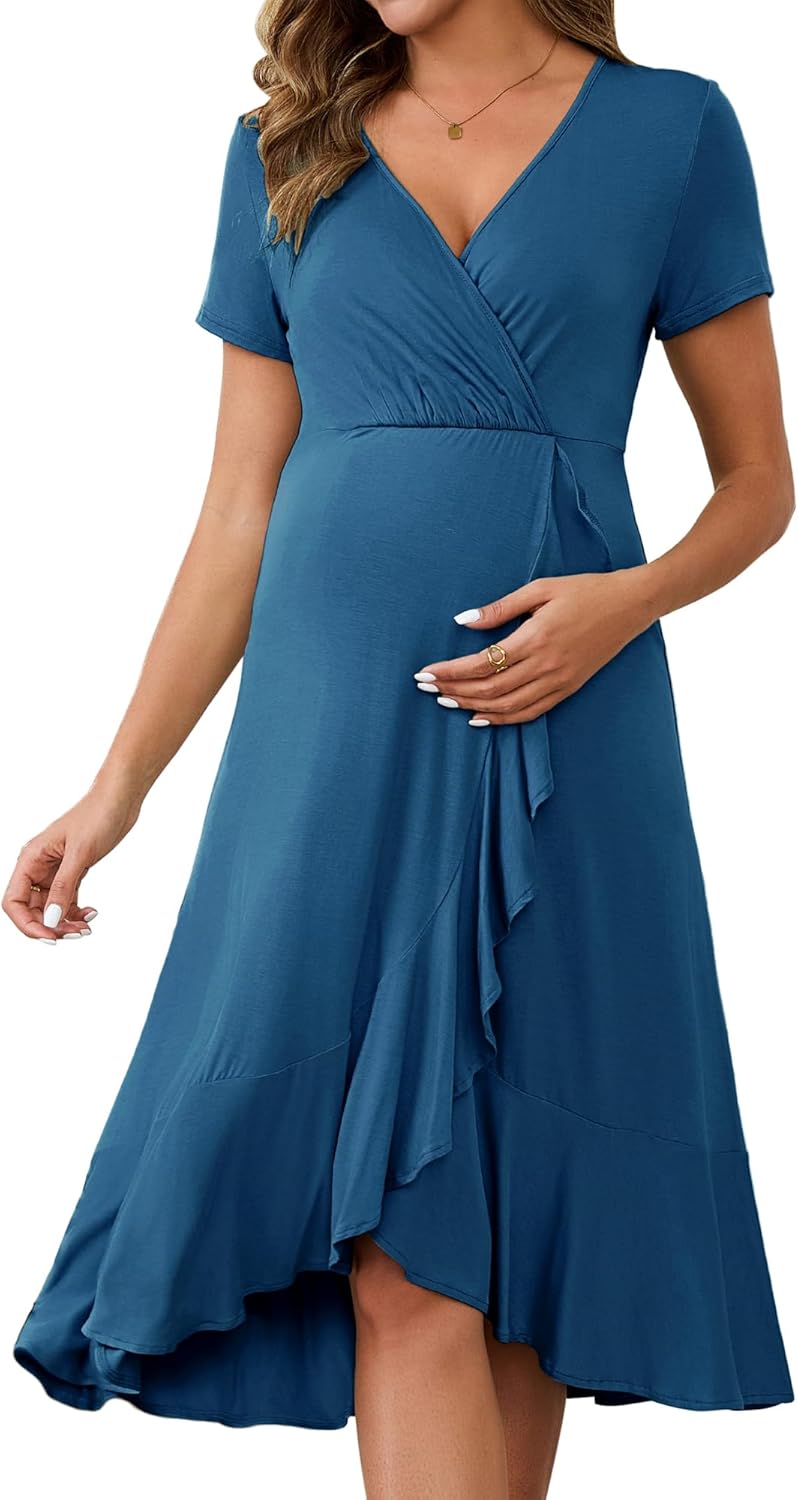 Women's Maternity Dress Semi Formal Work Wrap V Neck Pleated Ruffle Summer Pregnancy Dresses for Wedding Guest