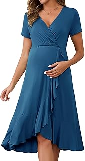 Women's Maternity Nursing Dress Wrap V Neck Pleated Short Sleeve Ruffle Semi Formal Pregnancy Breastfeeding - Buy now