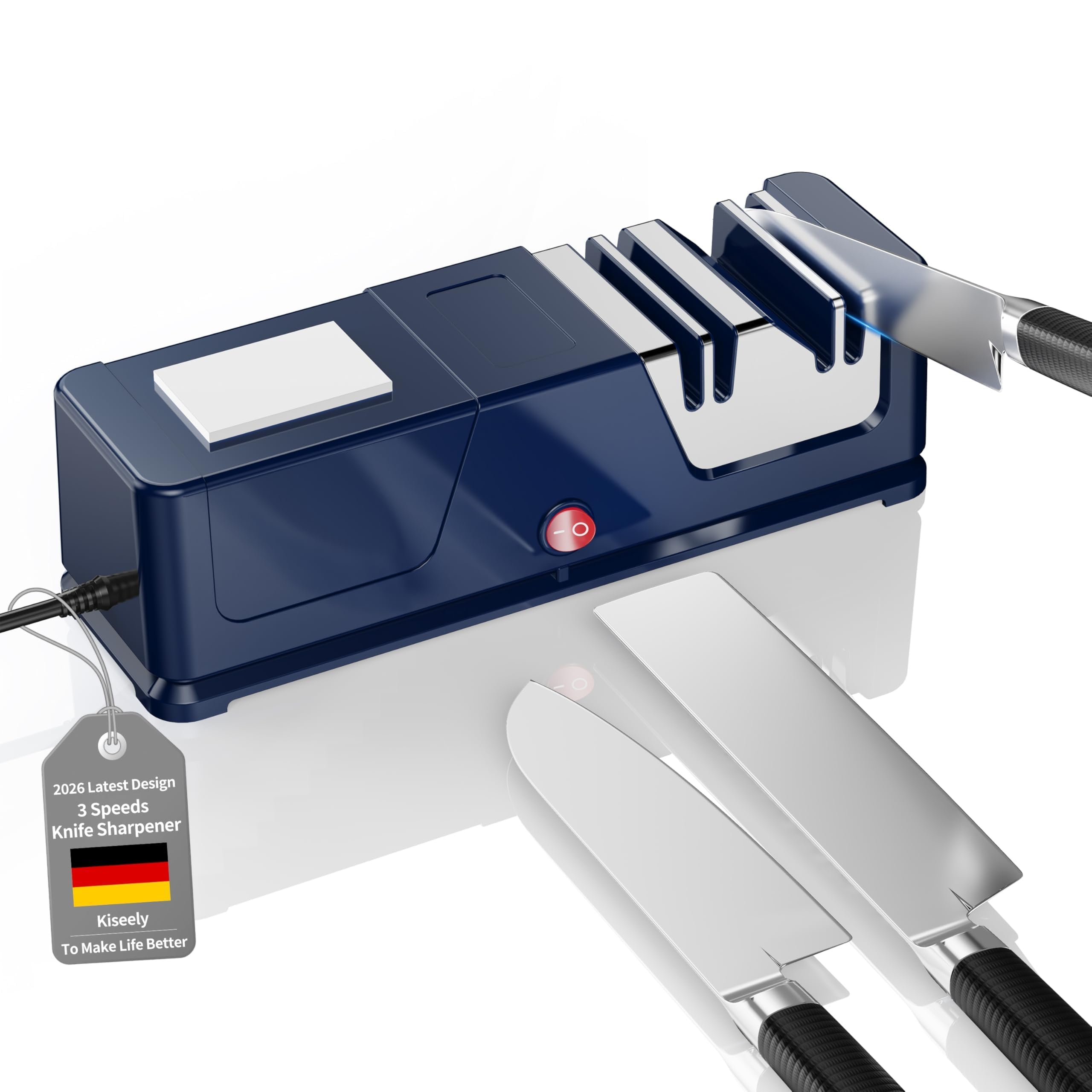 Elektrischer Messerschärfer, Profi-Diamant-Messerschärfer, Leisem Motor, Schnelles für Küchenmesser, Messerschärfer für Raue und Feine, Ideal für Alle Messerarten (Blau)