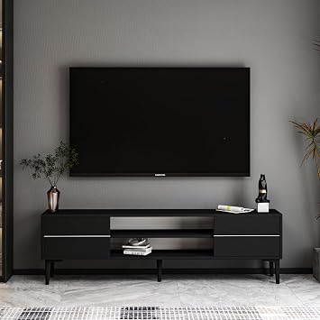 Aragon Modern TV Stand – 140 cm, TV Unit with 2 Covers + 2 Open Shelves, Black & White Color Options, Black