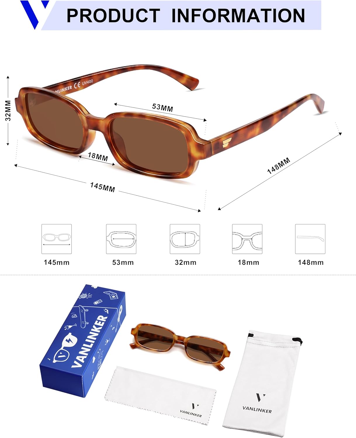 VANLINKER Retro Rectangle Polarized Sunglasses for Women Men Small 90s Style Vintage Trendy Narrow Rectangular Frame VL9813 - Image 5