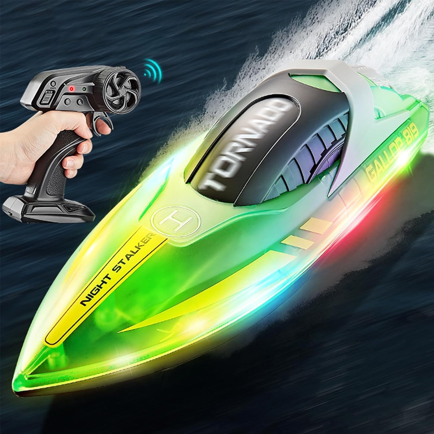 Barco Teledirigido, Barcos de Carreras de 2,4 GHz para Piscinas y Lagos, Barco RC con Luces LED y Alarma de Batería Baja, Barco de Control Remoto para Niños y Adultos (Verde)