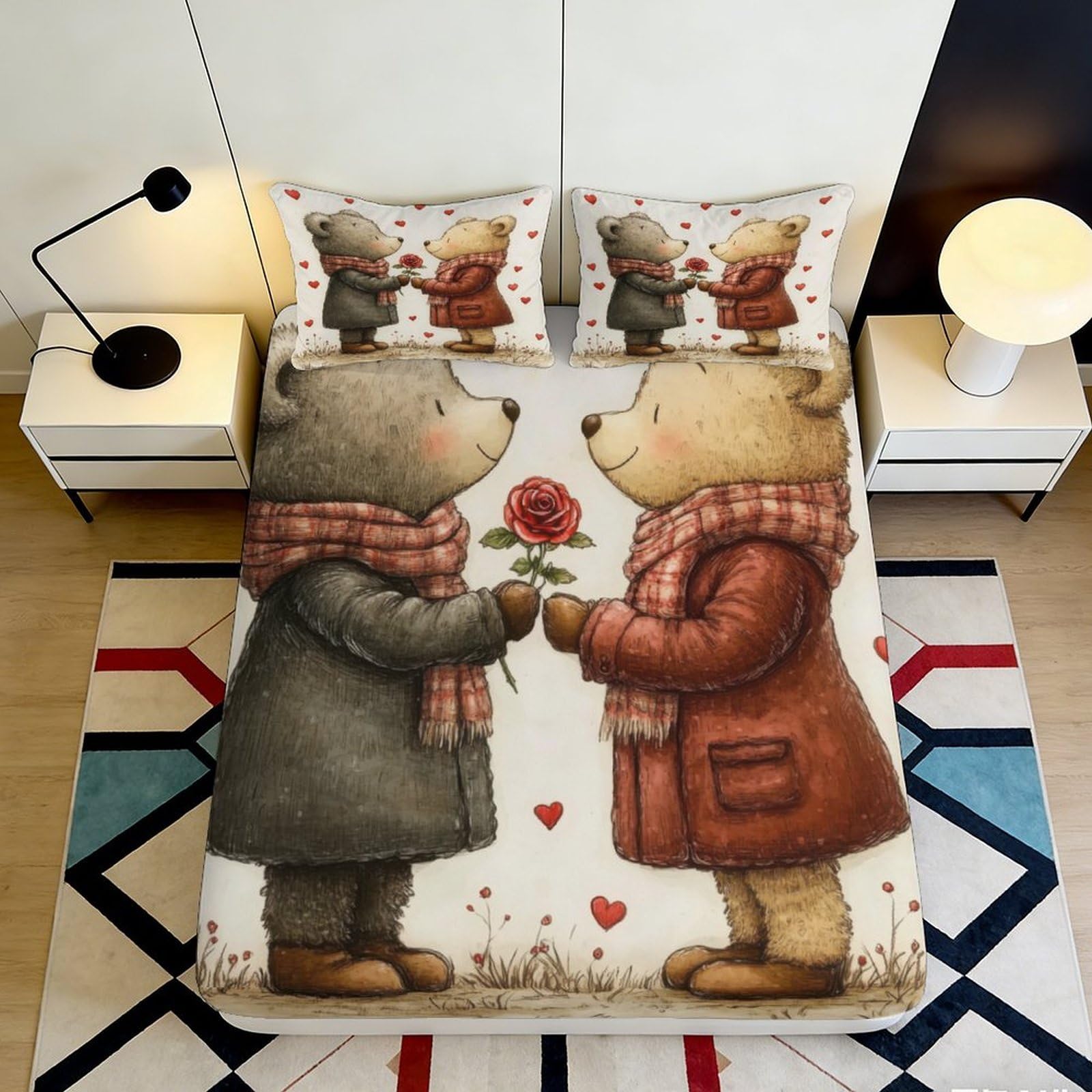 3D Printed Cute Bear Couple Fitted Sheet Microfiber Soft Durable Romantic Bed Cover for Bedroom Dormitory Guest Room Bed Protection Decoration 120x200x25cm