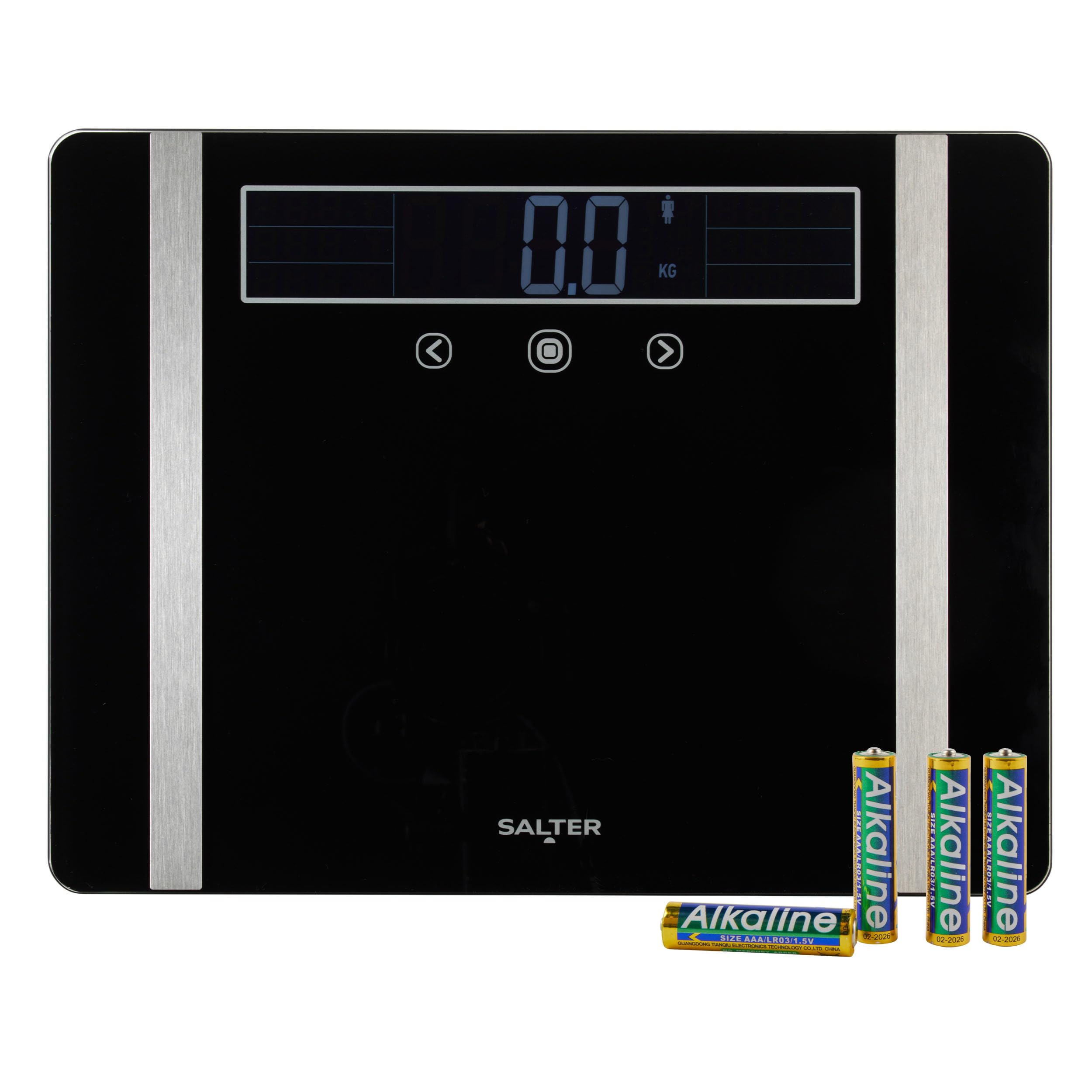 Salter Bilancia analizzatrice extra larga – Bilancia digitale da bagno per peso corporeo/grasso/acqua, BMI/BMR, massa muscolare/ossea, 10 memorie utente, letture istantanee, capacità 250 kg