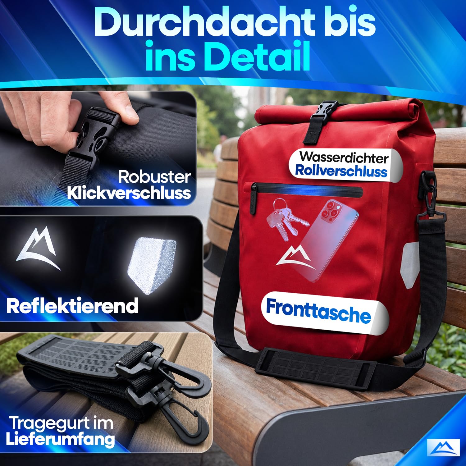 Nextcover® Borsa da bicicletta per portapacchi [AquaShield-TPU], 100% impermeabile, con sistema a clic e chiusura a rotola, borsa riflettente per bicicletta, con tracolla, borse per bicicletta