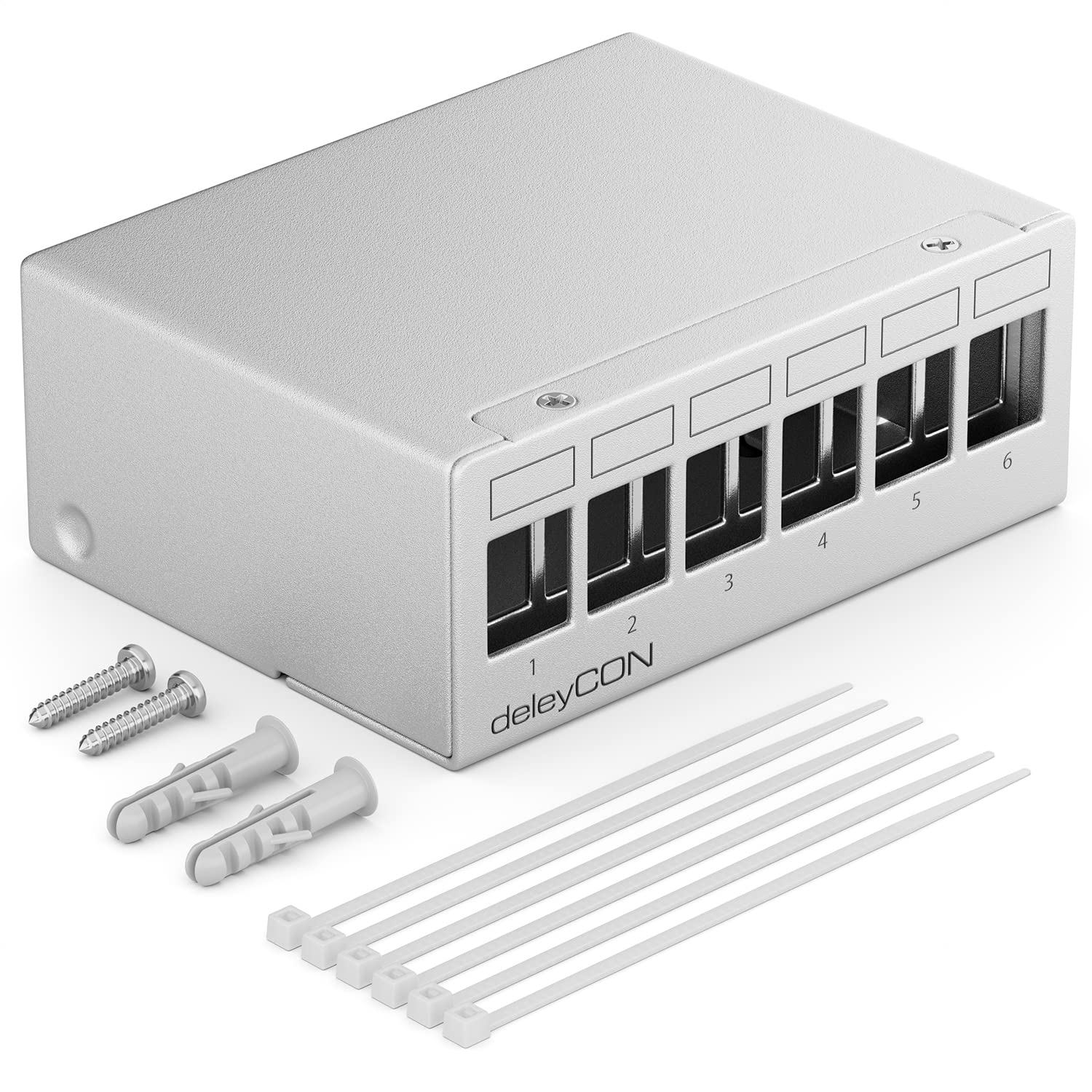 deleyCON Panel de Parcheo 6 Puertos Carcasa 1HE para Módulos Keystone 14,9mm x 17mm por Ejemplo con Enchufe Coxial RJ45 Conector F Conector de Antena RJ-11 Bocas Cinch USB Toslink PS2 HDMI - Gris