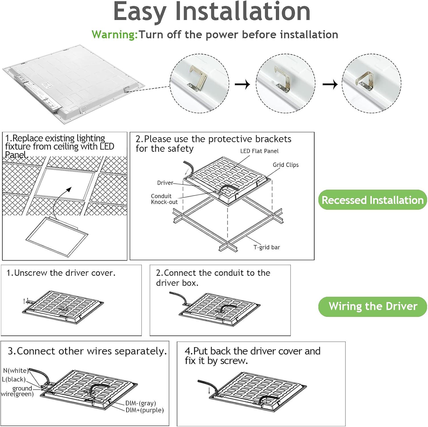 2x2 LED Drop Ceiling Lights, 5000K Daylight, 40W, 0-10V Dimmable, 24x24 Inch, 4400LM, 100-277V, ETL&DLC Listed, 4 Pack