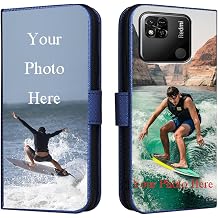 Personalised Phone Case for Redmi 12C,PU Leather Flip Cover,with Card Slots,Holder Cases,Design Your Own Photo Image,Text Personalised Case - Blue-LN4