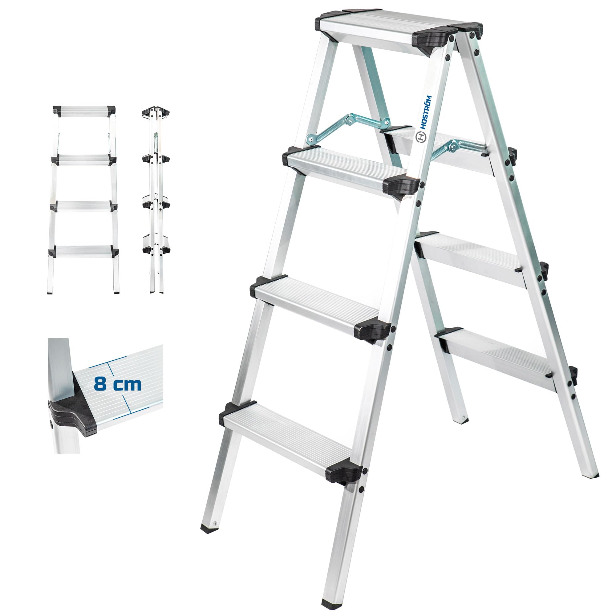 HOSTRÖM Escalera de 4 peldaños HOMILIX4, Escalera Plegable compacta, Aluminio, diseño Compacto y Robusto, Altura máxima de Trabajo de 2,59 m, garantía de 5 años.