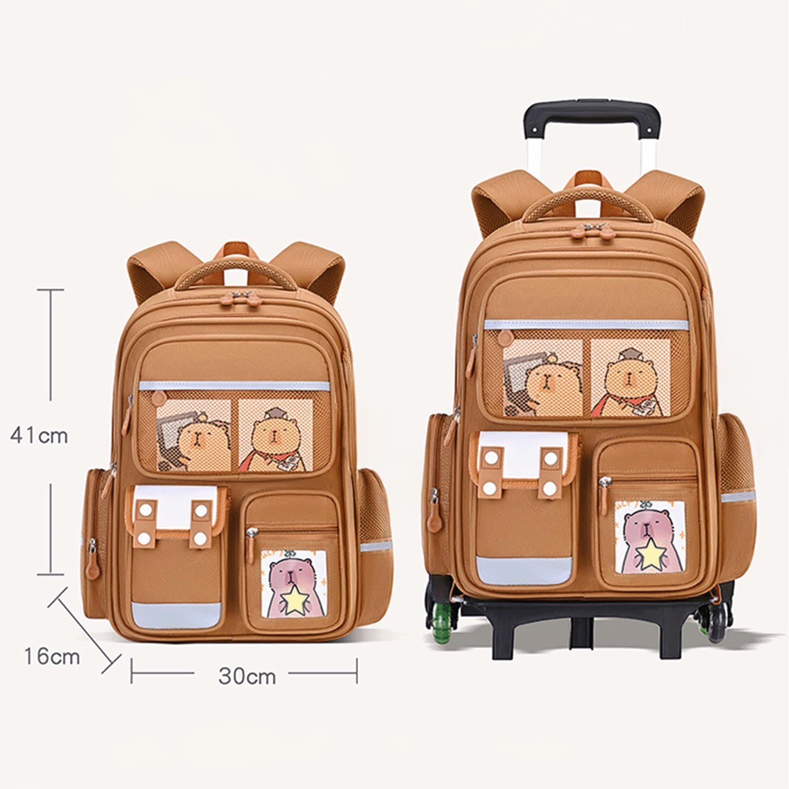 Zaino Trolley Scuola Elementare Motivo Capibara 12 Pezzi Zaino Scolastico Smontabile Riflettente Resistente All'Acqua Per Bambini Bambine Classi 2-6 (Marrone)
