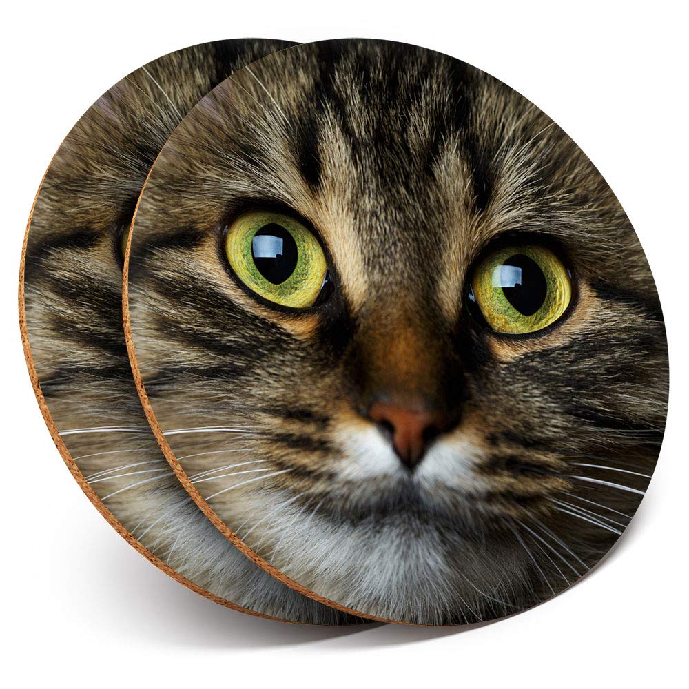 Destination Vinyl Ltd Multicolor 2 X Mdf Glossy Top Coasters Round - Tabby Cat Face 14164