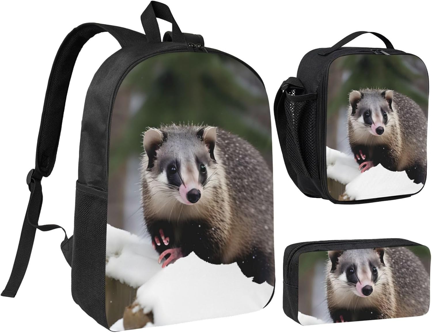 Opossum In Snow print print 3 Piece Backpack Bags with Lunch Box Pencil Case Set for Travel Work Camping Unisex
