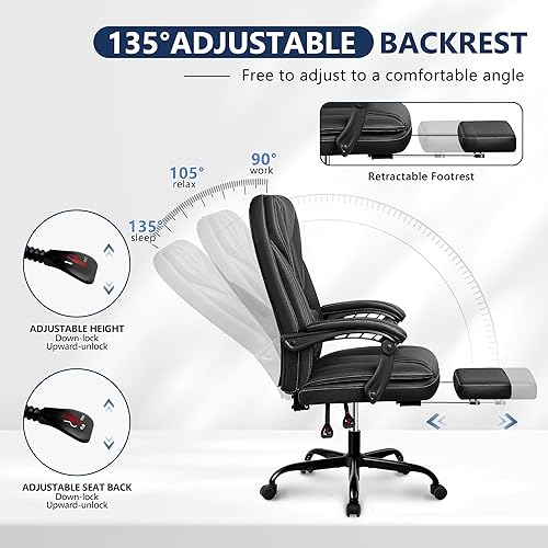 Miniatura 5 de Silla de oficina ejecutiva, silla de oficina reclinable de cuero grande y alta con reposapiés, respaldo alto, silla de escritorio de oficina en