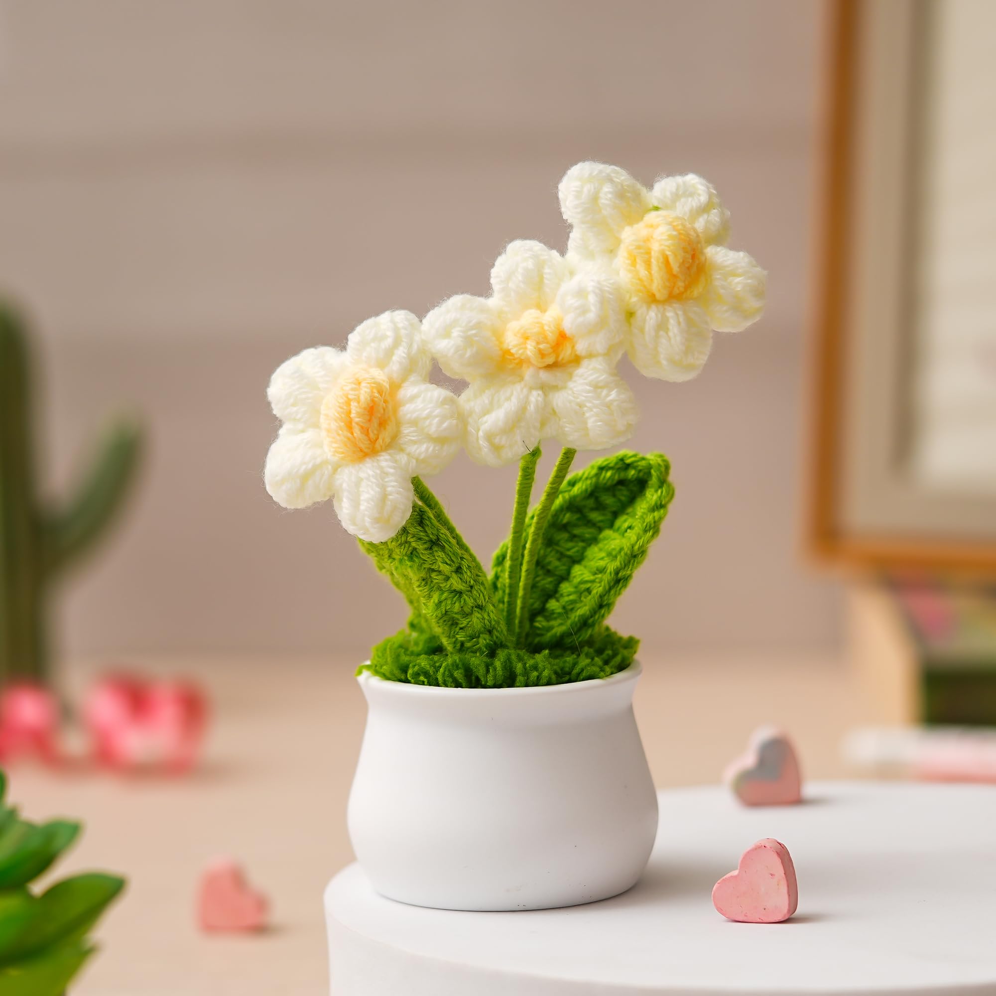 JH Gallery Small White Crochet Daisy Flower with Pot, Handmade Knitted Floral Arrangement for Desk, Table, Car Dashboard & Home Decor, Elegant Crochet Gifts (13cm x 9cm)-image-13