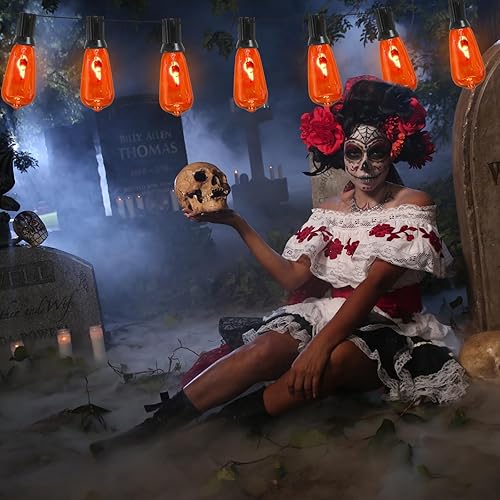 Miniatura 5 de Guirnalda de luces naranjas parpadeantes de Halloween, luces de decoración de Halloween de 10 pies con 10 bombillas naranjas ST40, luces naranjas